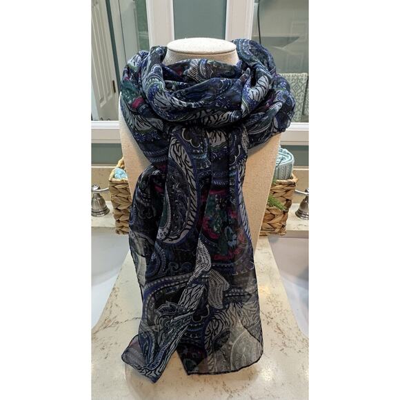 Women’s Paisley Blue Black Pink Rectangle Scarf 72” X 20” Preowned - Picture 1 of 4